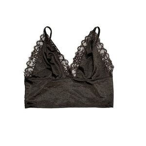 Bozzolo Black Lace Trimmed Silky Spaghetti Strap Crop Top Bralette